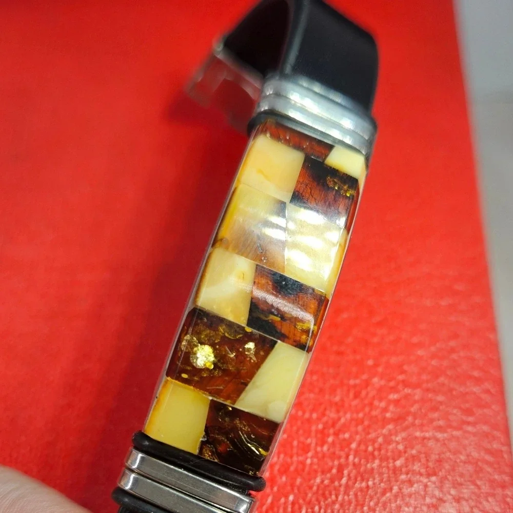 Ewa Plachta Baltic Amber Stainless Steel Leather Checkerboard Bracelet Unisex‎